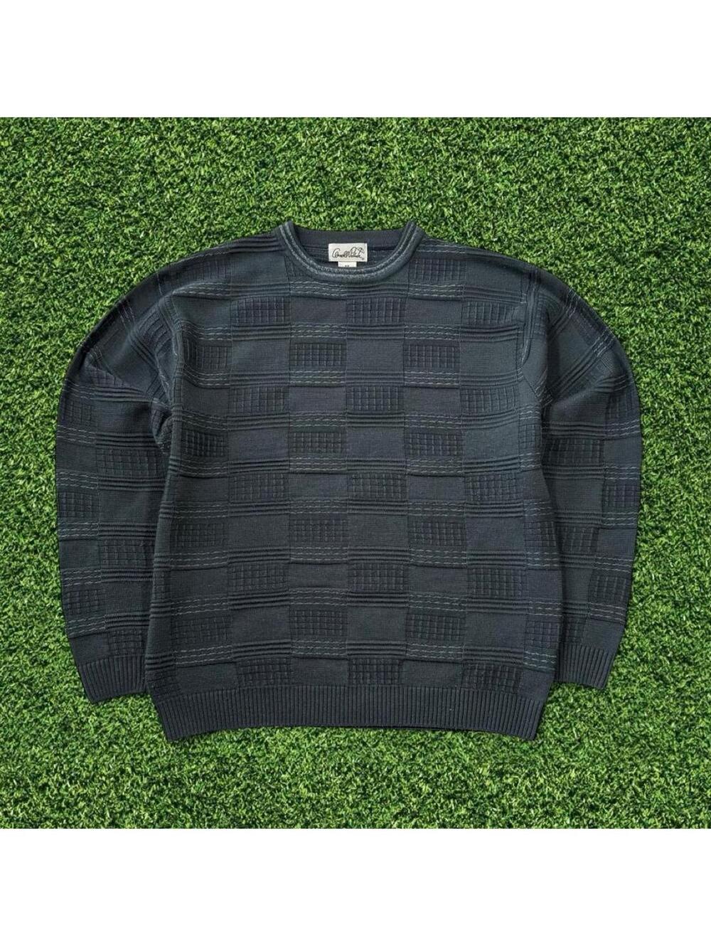 Vintage Arnold Palmer Dark Gray Knit Sweater Grid Pattern Size M